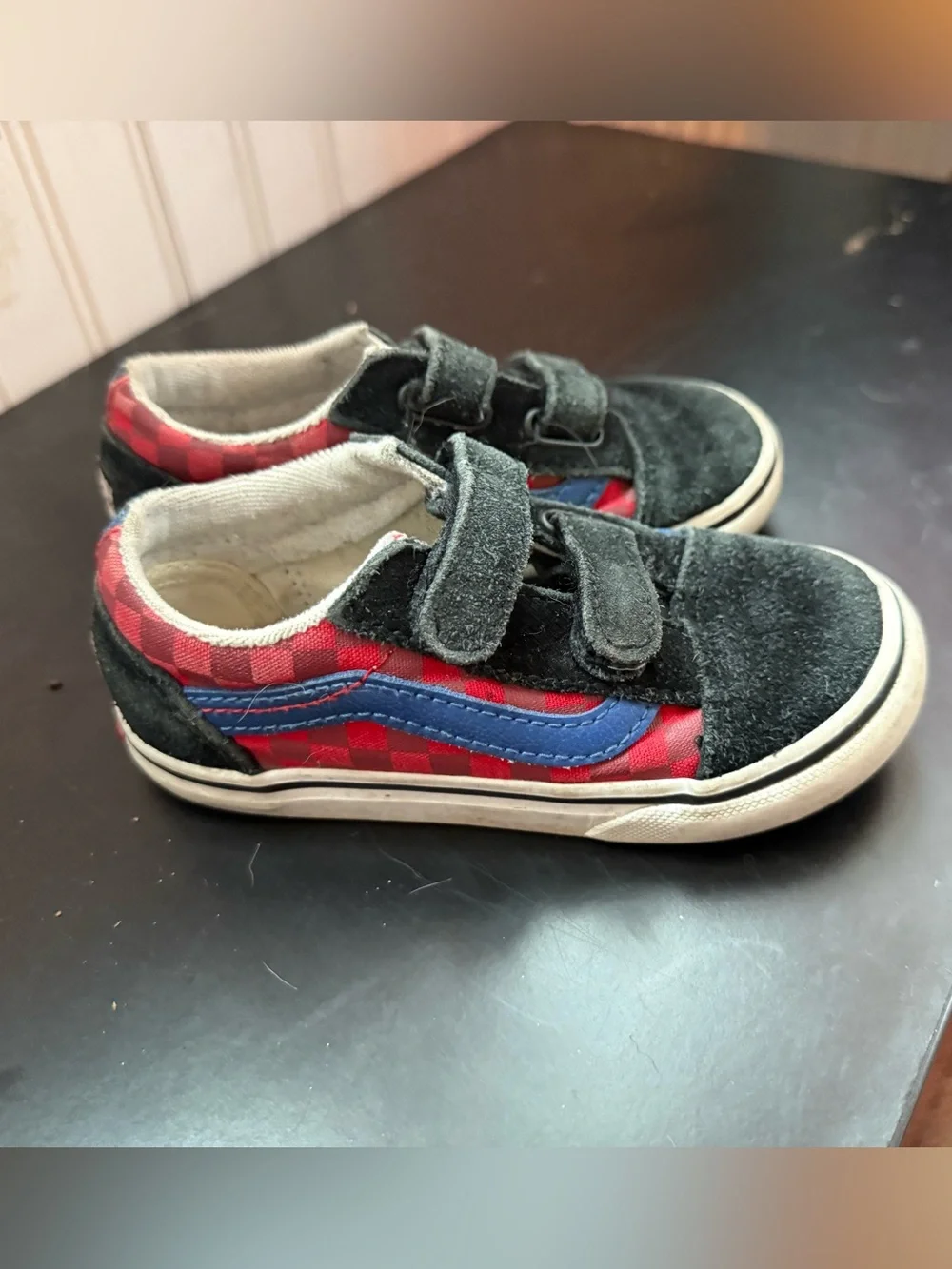 Vans Kids Red Checkered Sneakers with Blue Stripe - Size 8.5